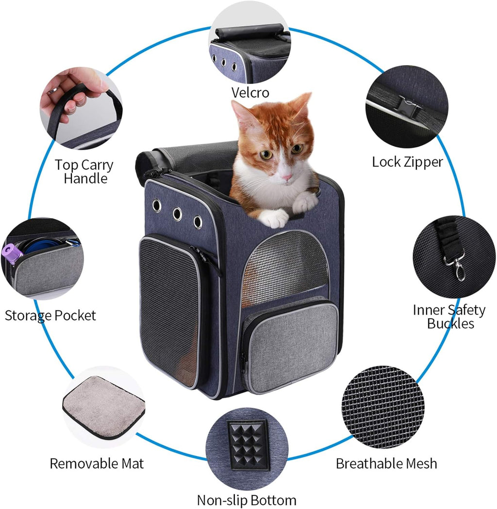 ® Cat Carrier Backpack, Foldable Pet Backpack Carrier for Cats & Small Dogs, Breathable Dog Carrier Backpack with Inner Safety Leash + Folding Bowl Ideal for Travel Camping Hiking