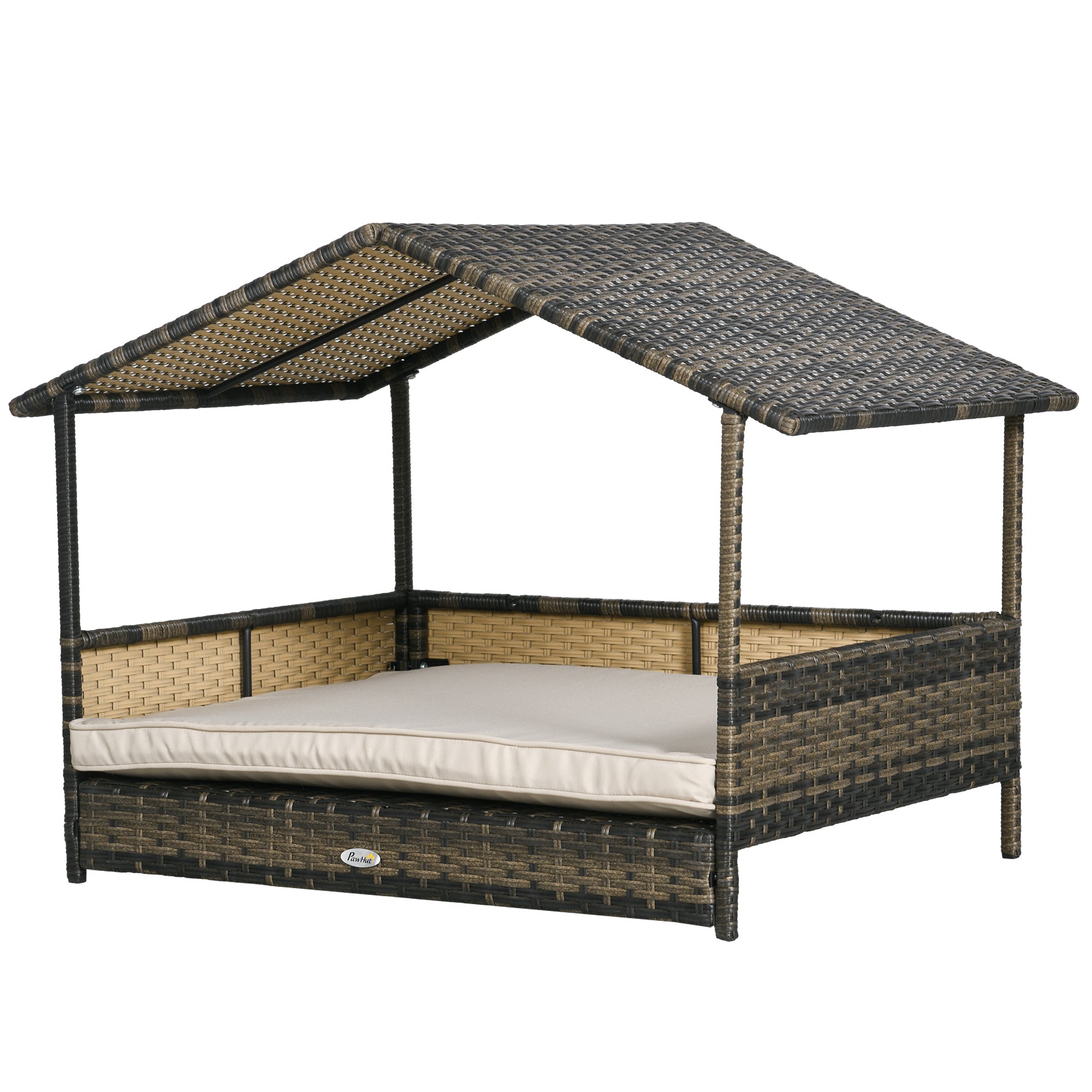 Wicker Dog House with Removable Cushion Lounge, Khaki
